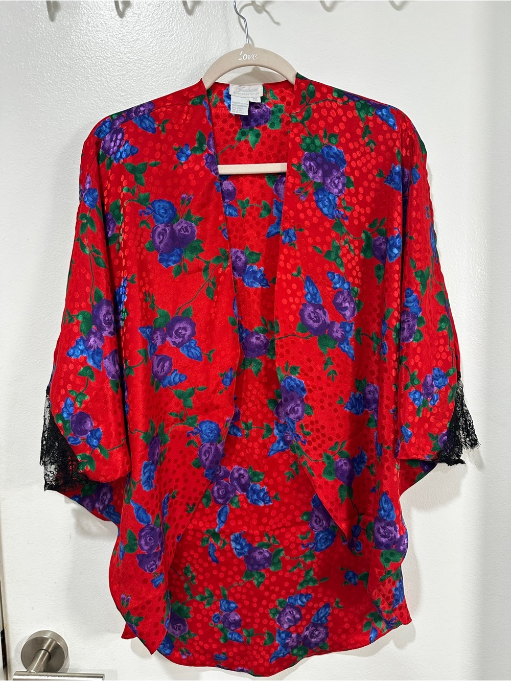 Vintage Morgan Taylor Fantasies Red Floral Kimono Black Lace festival Coachella